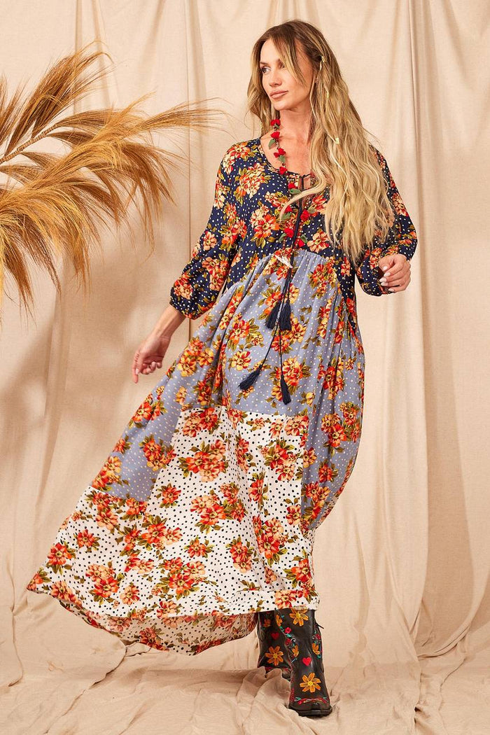 Yacamim D6 Long Patchwork Dress with Puffy Long Sleeves
