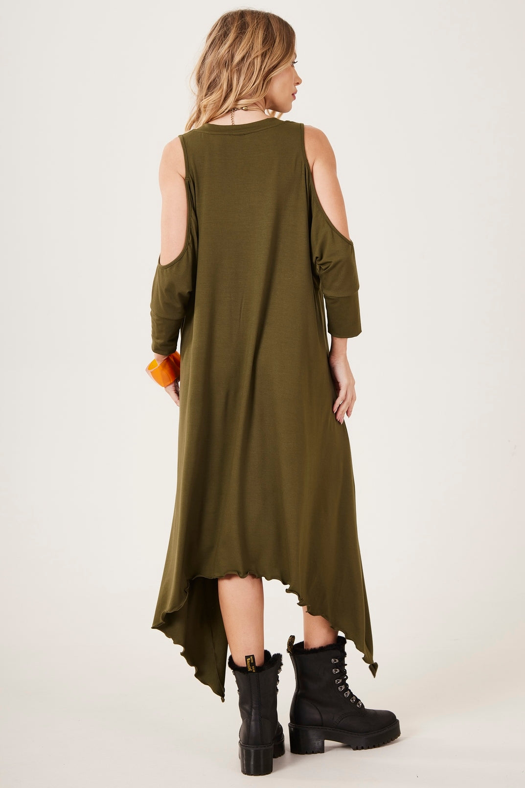 Yacamim E4 Plain Moss Green Short Dress with Side Points