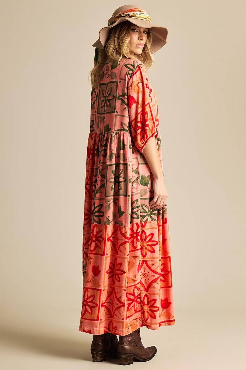 Midi Dress with 3/4 Sleeves Pink Patchwork Yacamim