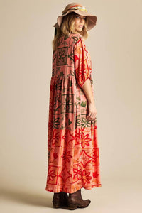 Midi Dress with 3/4 Sleeves Pink Patchwork Yacamim