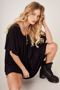 Yacamim D19 Plain Black Off-the-Shoulder Mini Dress