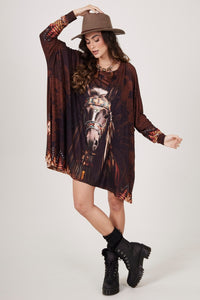 Yacamim S6 Brown Horse Print Wide Tunic with Rhinestones