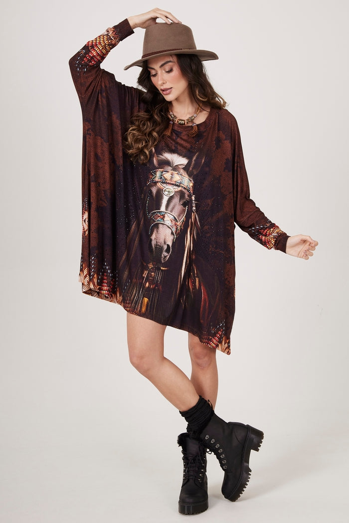 Yacamim S6 Brown Horse Print Wide Tunic with Rhinestones