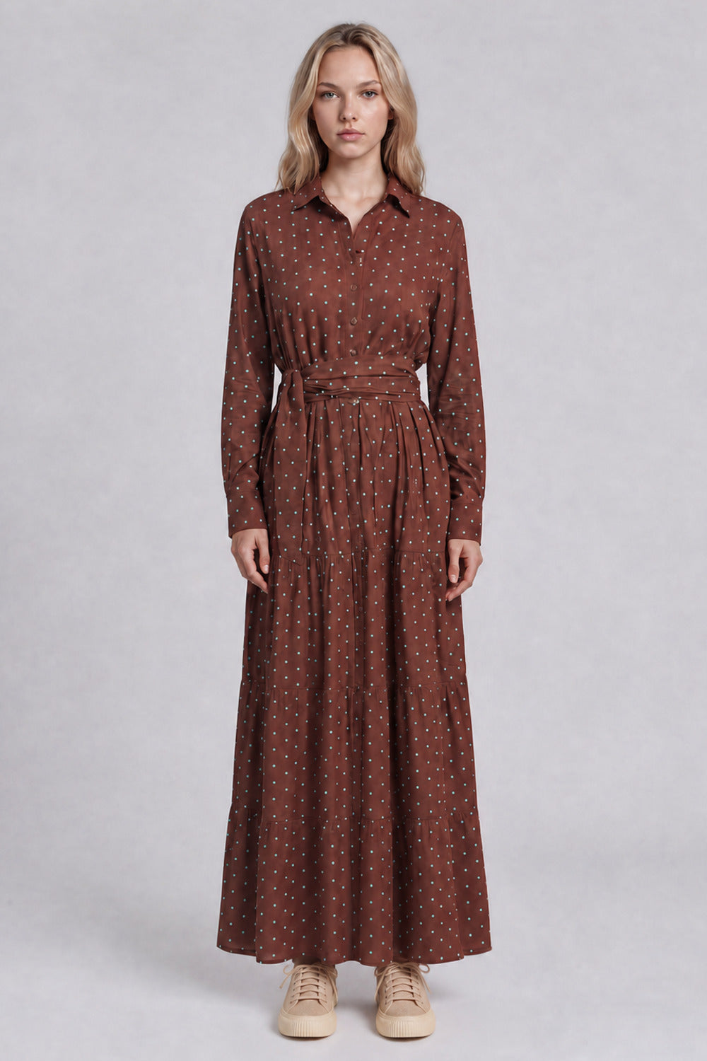 Vestido Longo Com Faixa Para Amarrar Na Cintura Marrom De Poá Yacamim D20