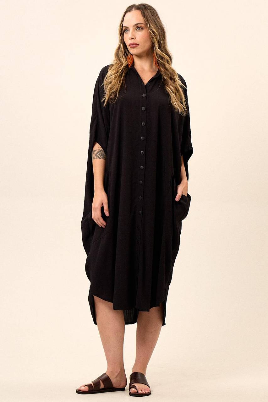 Yacamim Black Wide Midi Chemise with Pocket and 3/8 Sleeves