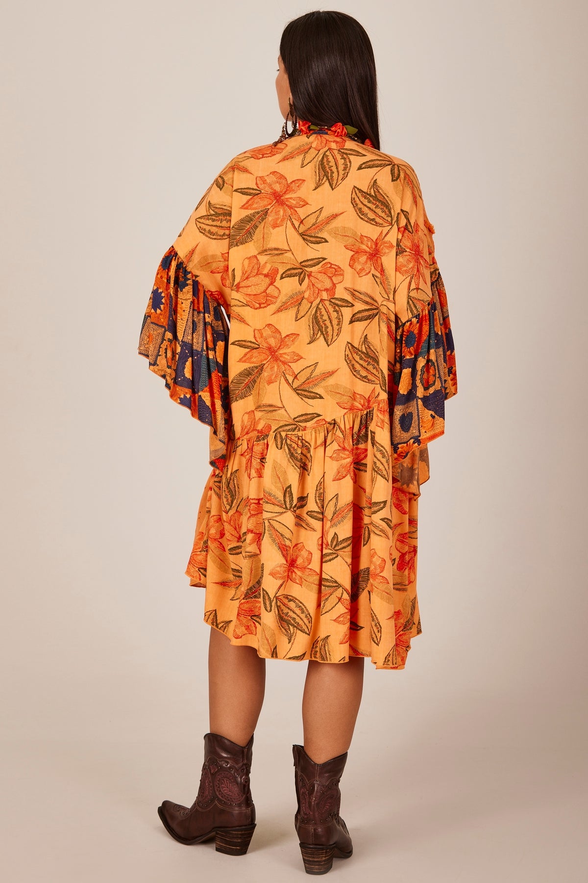 Short Dress with Orange Crochet Details Patchwork Yacamim D13