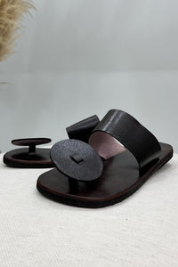 Yacamim Women's Dark Brown Leather Flat Sandal with Wide Strap #124