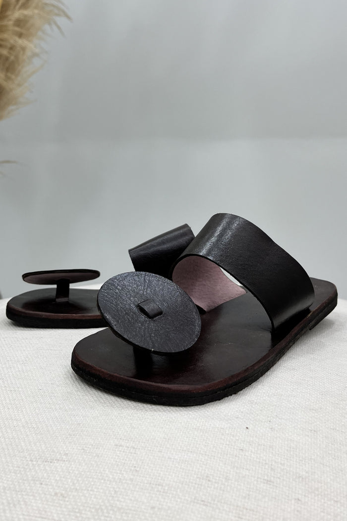 Yacamim Women's Dark Brown Leather Flat Sandal with Wide Strap #124