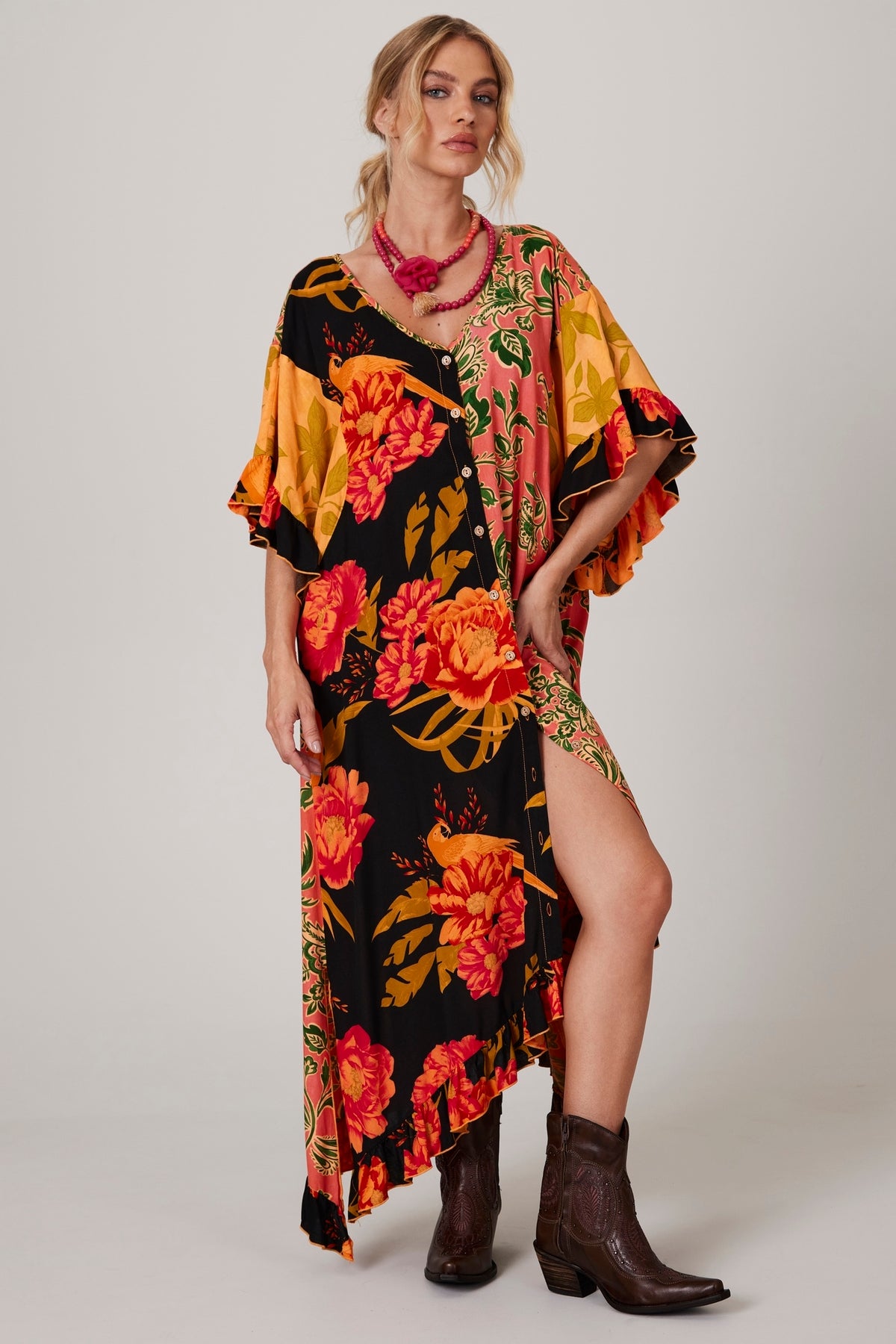 Yacamim J6 Loose Orange Printed Patchwork Kaftan