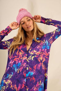Yacamim Printed Purple Midi Dress with Fitted Long Sleeves