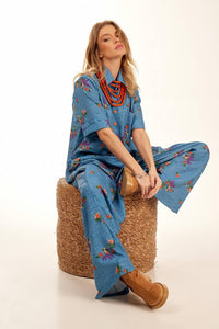 Yacamim Blue Printed Polyester Palazzo Jumpsuit with Short Sleeves