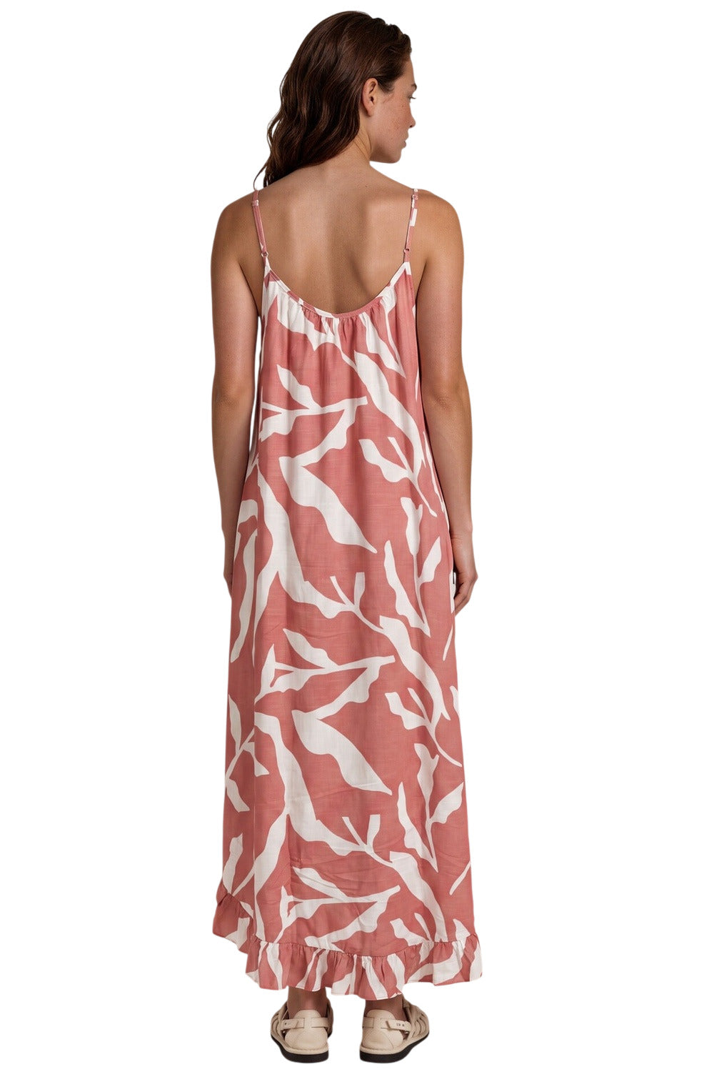 Vestido Midi Alças Reguláveis Com Babado Rosé Estampado Yacamim D29