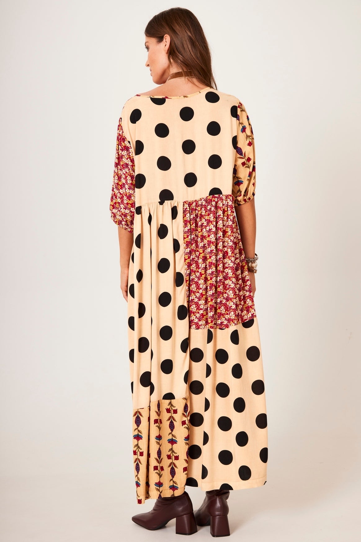 Yacamim D15 Light Brown Patchwork Polka Dot Midi Dress