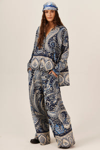 Yacamim A20 Blue Paisley Print Wide-Leg Pants with Pockets