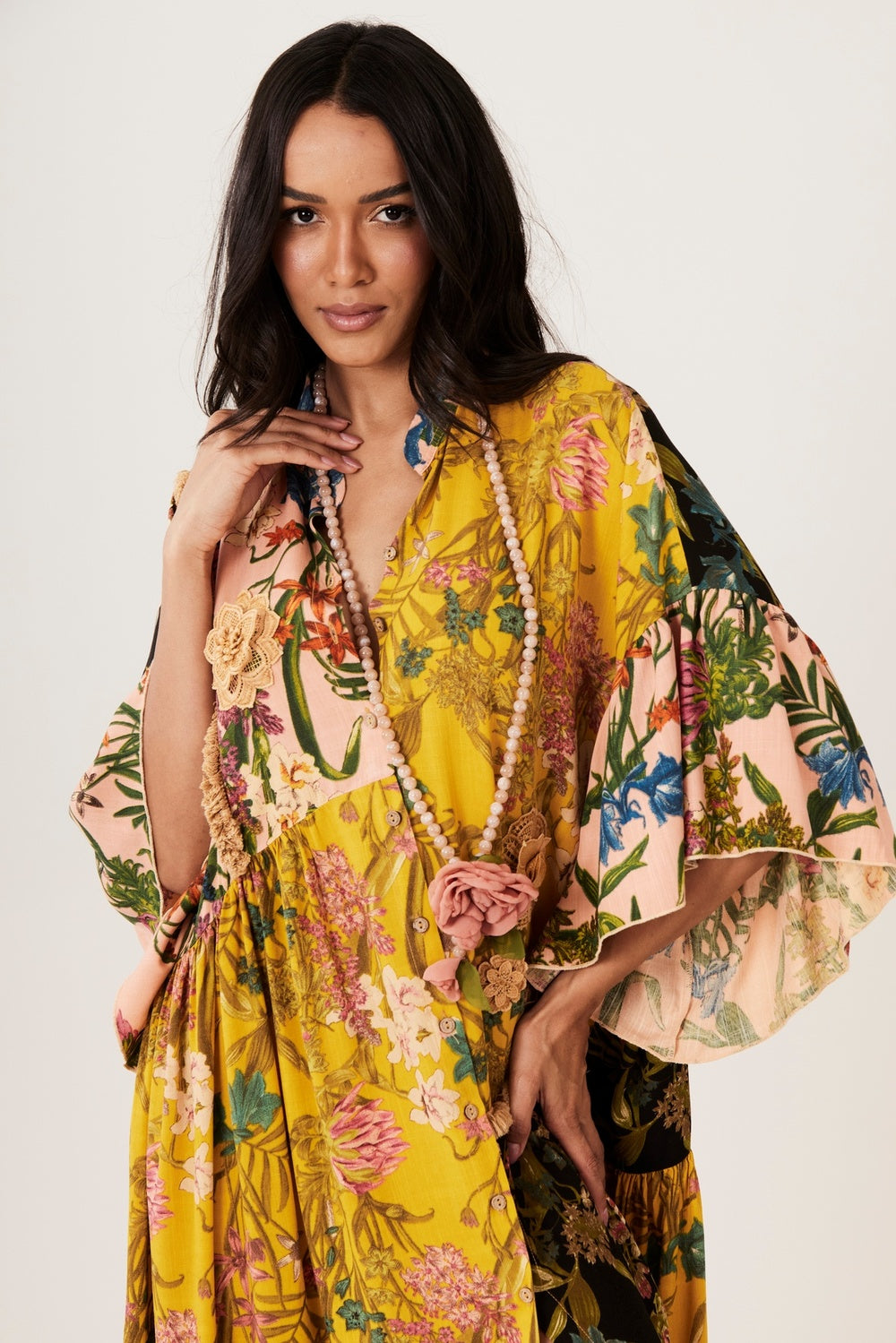 Yacamim C18 Yellow and Black Patchwork Long Dress
