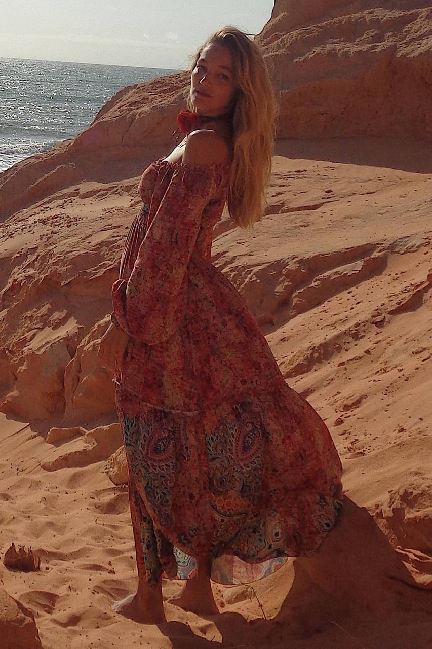 Long Dress V-Neck Off-Shoulder Pink Printed Patchwork Yacamim E11
