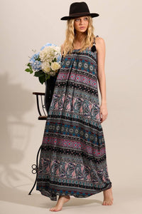 Yacamim D10 Cashmere Print Long Dress with Straps and Black Pom-Poms