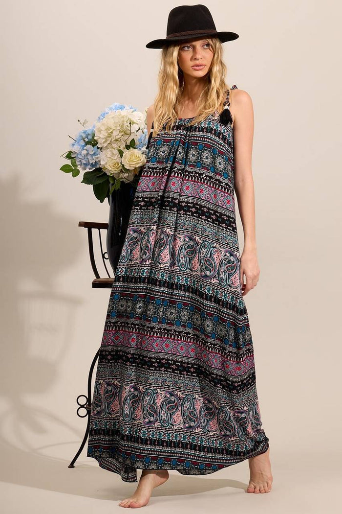 Yacamim D10 Cashmere Print Long Dress with Straps and Black Pom-Poms