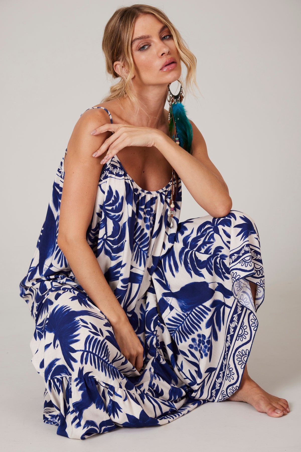 White and Blue Strappy Long Dress Pira Omomba’e Yacamim C31 Collection