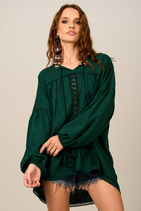 Yacamim Dark Green Loose Tunic with Lace B3