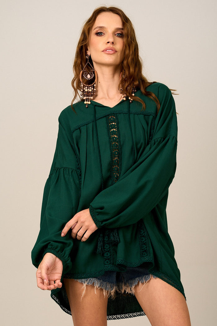 Yacamim Dark Green Loose Tunic with Lace B3