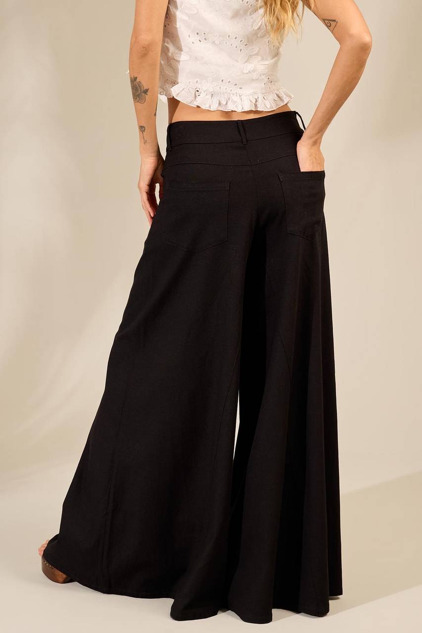 Black Viscose Linen Palazzo Pants Yacamim G10