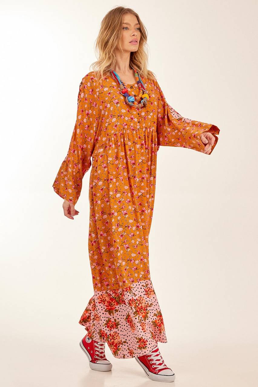 Yacamim Orange Patchwork Long-Sleeved Batwing Long Dress