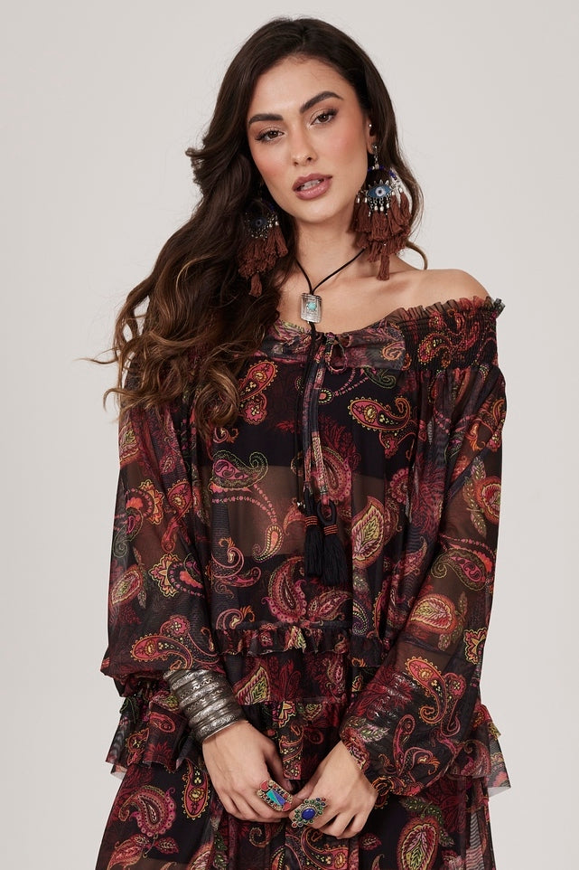 Black Gypsy Tulle Robe with Cashmere Print Yacamim A12