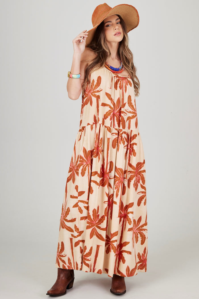 Yacamim C31 Dark Beige and Brown Palm Tree Print Midi Dress