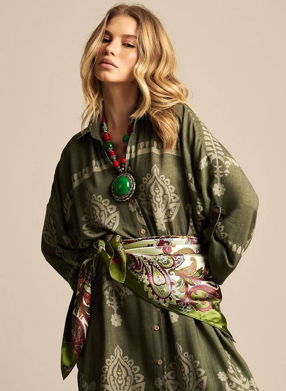 Yacamim N8 Dark Green Printed Long Sleeve Long Shirt