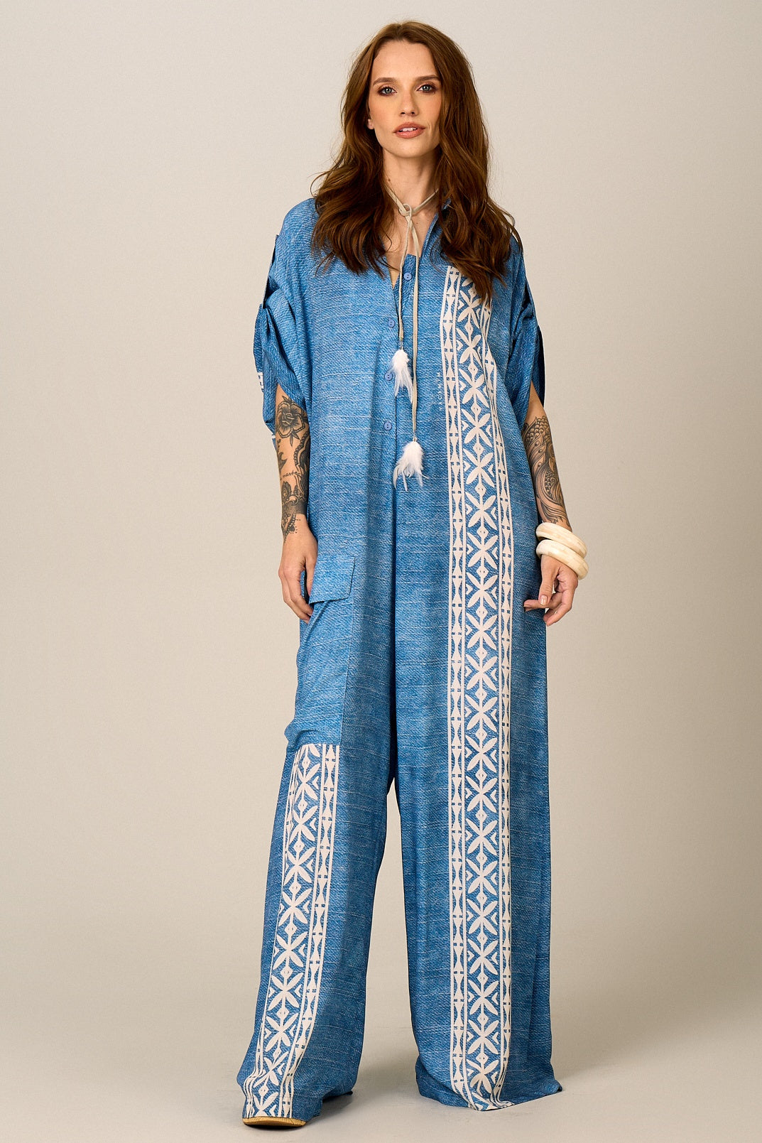 Yacamim Blue Printed Wide-Leg Long Jumpsuit O2