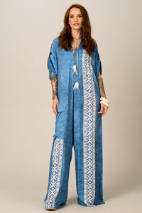 Yacamim Blue Printed Wide-Leg Long Jumpsuit O2