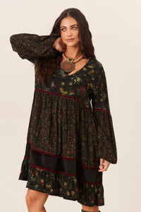 Vestido Curto Manga Longa Bufante Verde Escuro Patchwork Yacamim D31