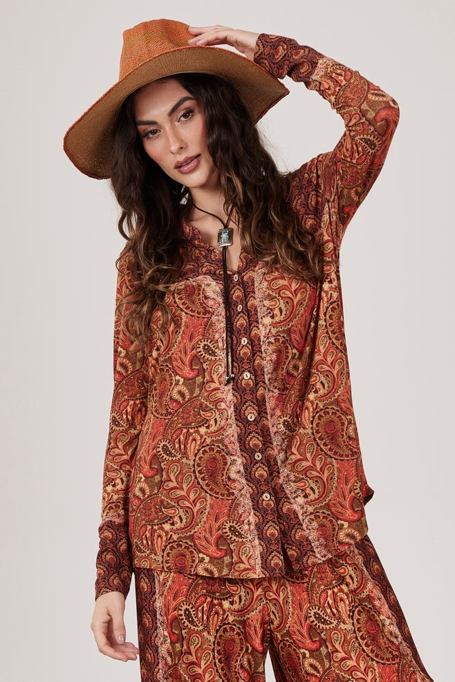 Wide Terracotta Button-Up Blouse with Paisley Print Yacamim B7
