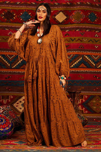 Yacamim Brown Broderie Long Dress with Puff Sleeves and V-Neck