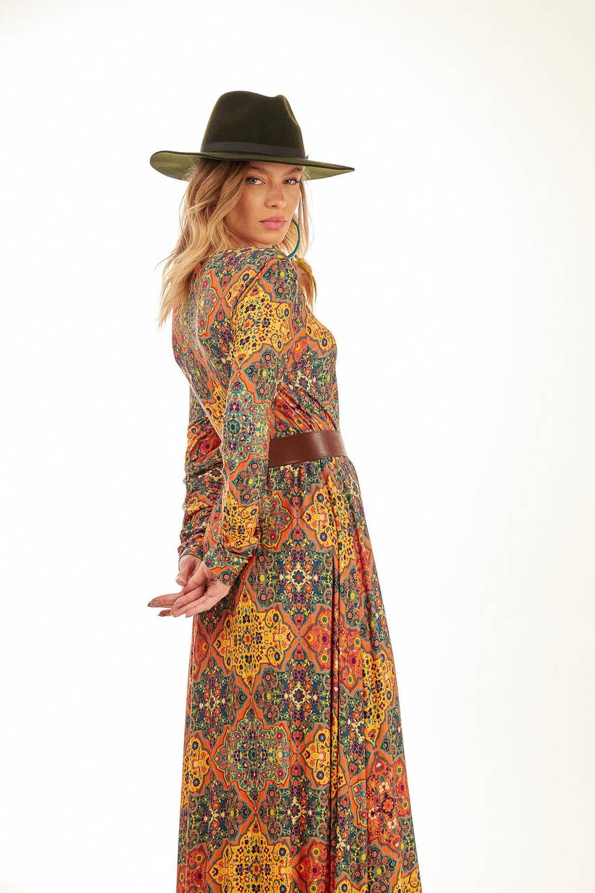 Long Dress with Tight Long Sleeves, Arabesque Print Yacamim