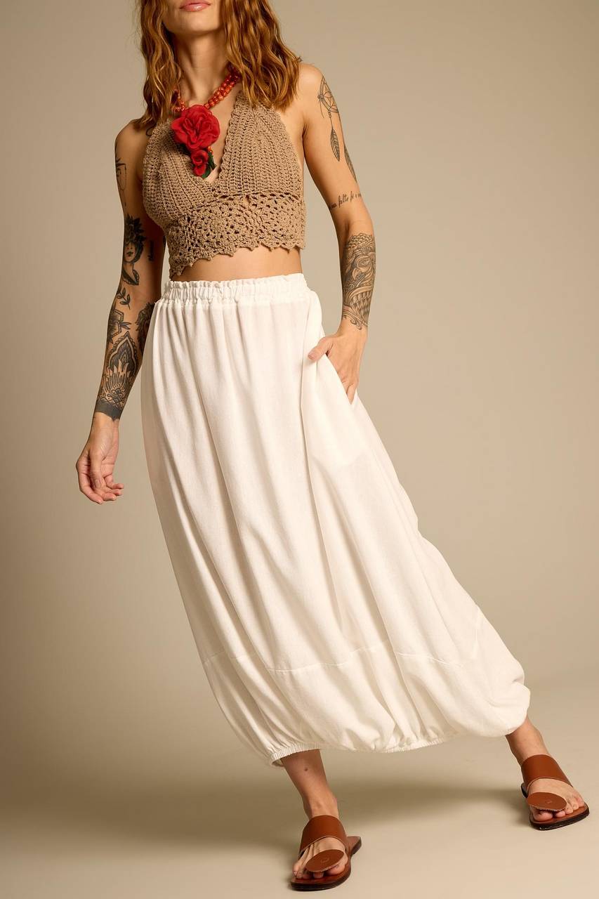 Yacamim Women's White G3 Linen Midi Skirt with Pockets