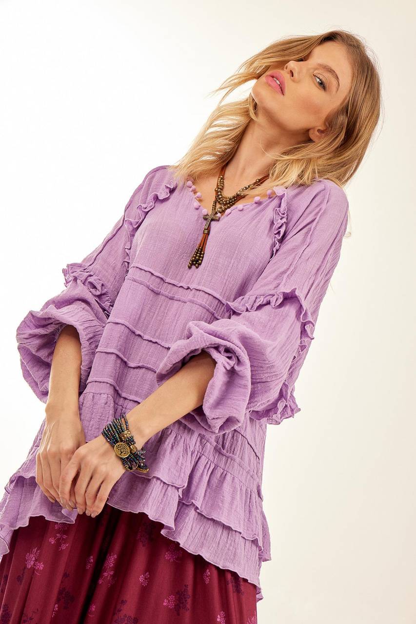 Yacamim Lilac B13 Wide Tunic with Long Puffy Sleeves