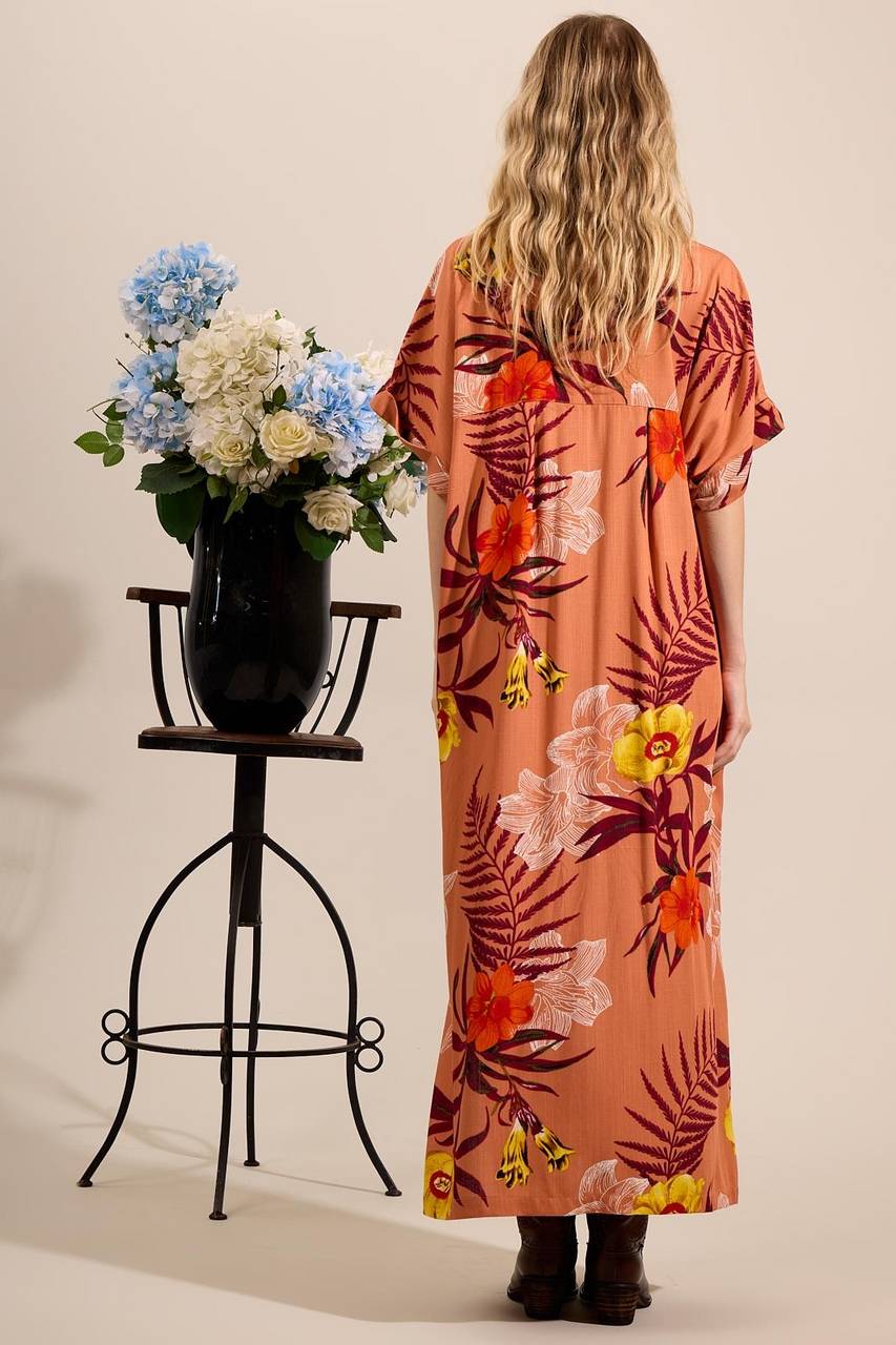 Yacamim Terracotta Printed Long Shirt with Short Sleeves M1