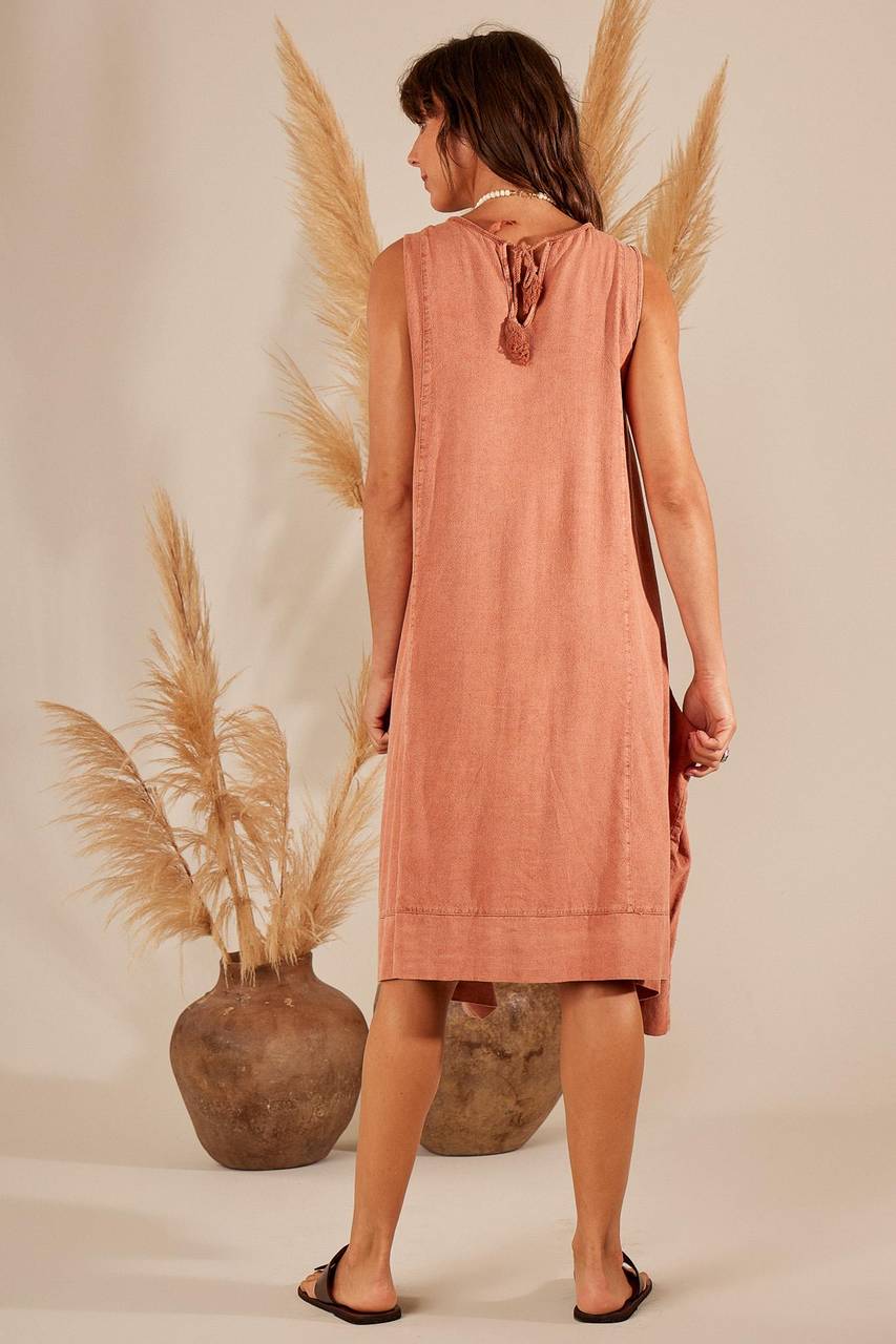 Yacamim Terracotta Sleeveless Linen Mini Dress
