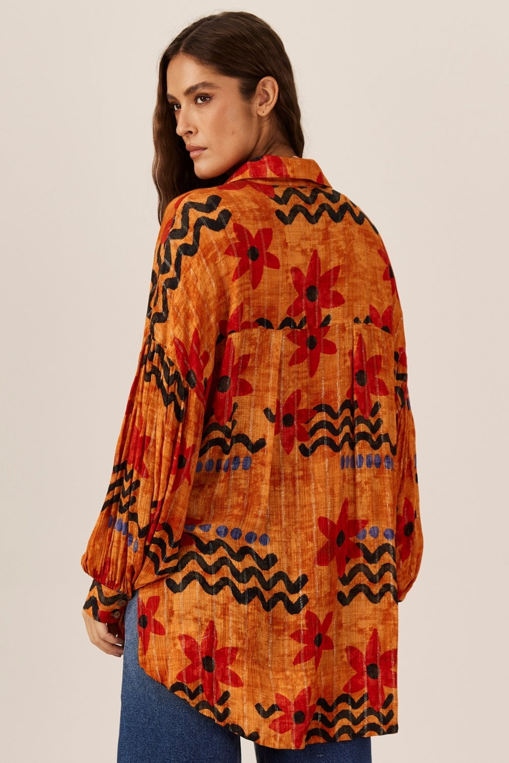 Short Lurex Shirt Orange Printed Yacamim N8