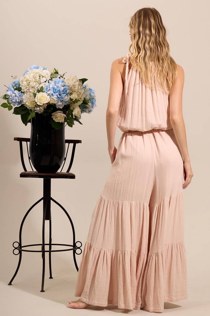Yacamim O1 Beige Loose Pantaloon Jumpsuit with Drawstring Tunnel