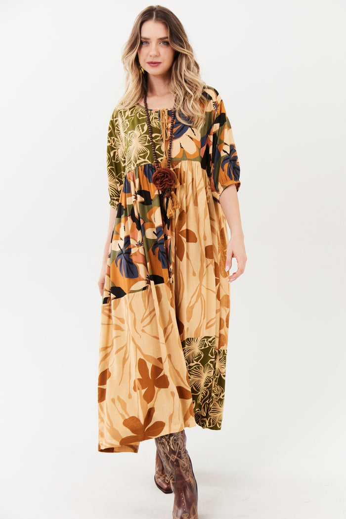 Light Brown Patchwork Midi Dress Yacamim C1