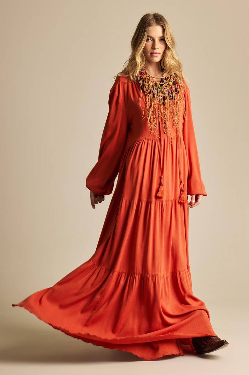 Rust Orange Three-Tiered Long Dress Yacamim D1