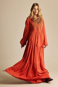 Rust Orange Three-Tiered Long Dress Yacamim D1