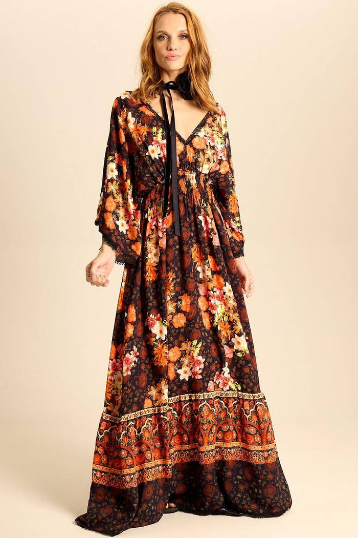 Yacamim Floral Print V-Neck Long Dress with Smocked Bodice