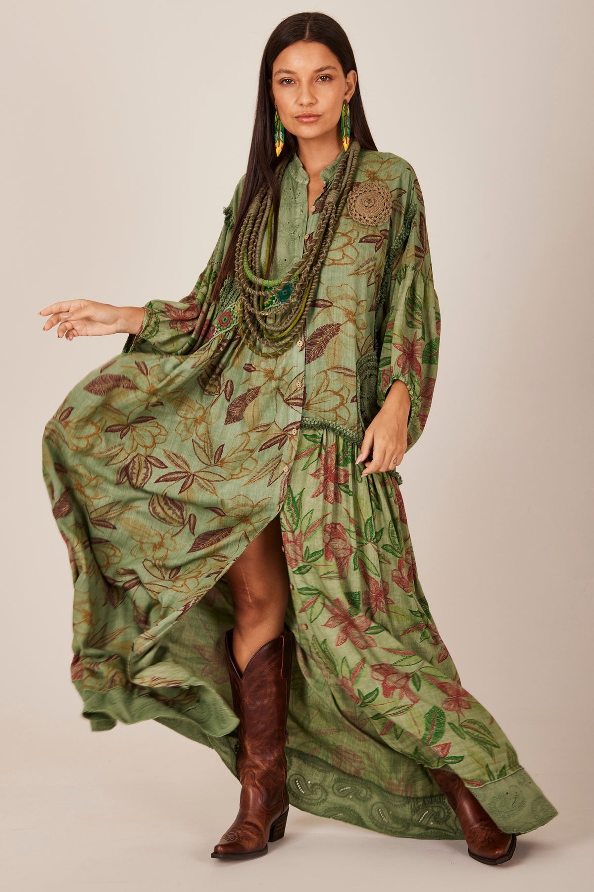 Yacamim C26 Green Patchwork Crochet Long Dress