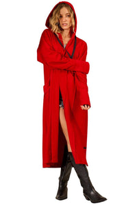 Yacamim Red Hooded Open Midi Sweatshirt