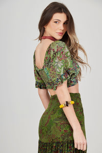 Green Paisley Patchwork Cropped Wrap Top with Smocking Yacamim A37