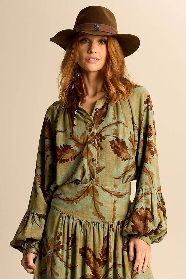 Yacamim A30 Printed Green Wide Linen Shirt with Puffy Sleeves